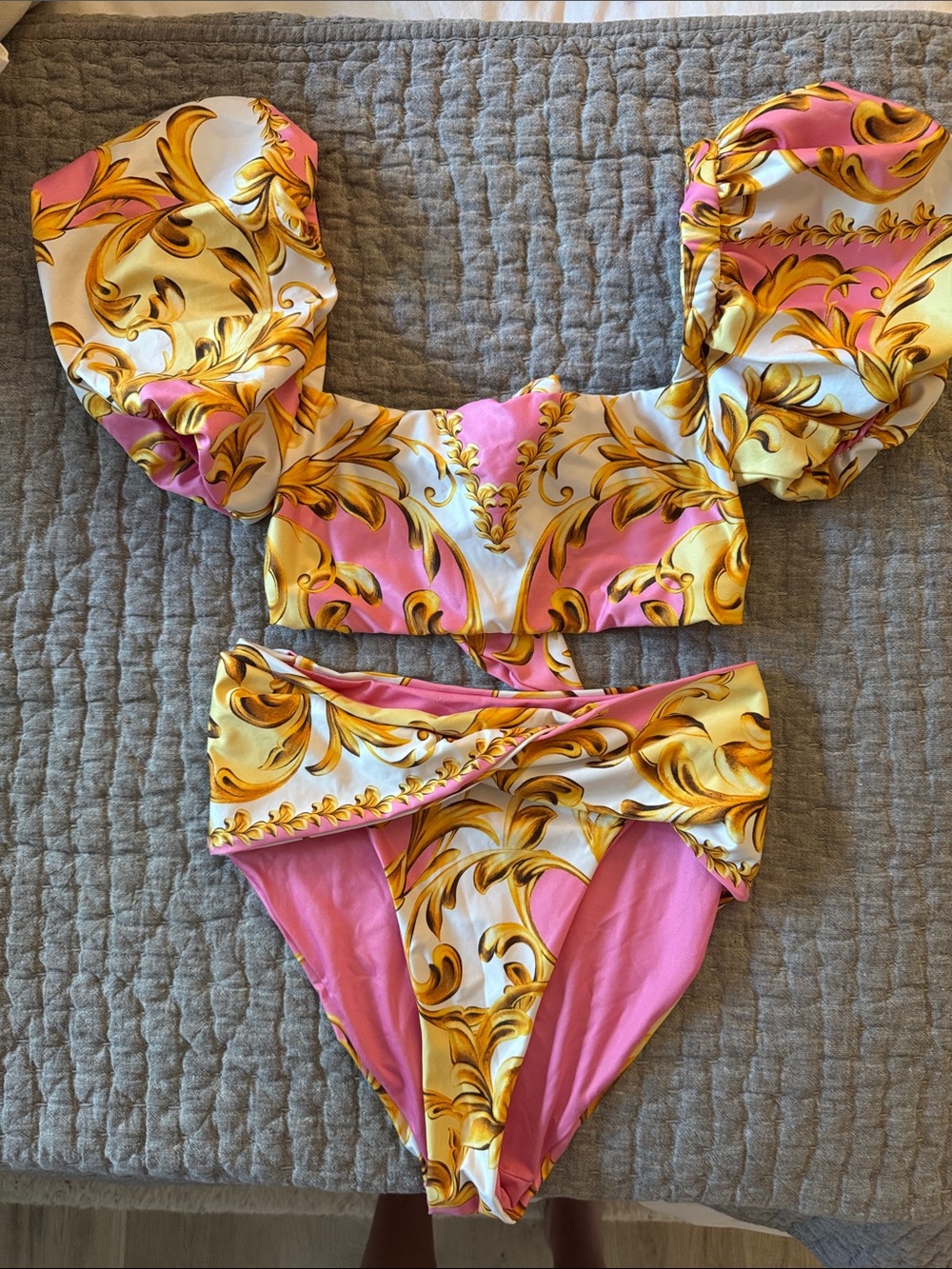 Agua Bendita Pink, Gold and White Baroque Puff Sleeve Bikini